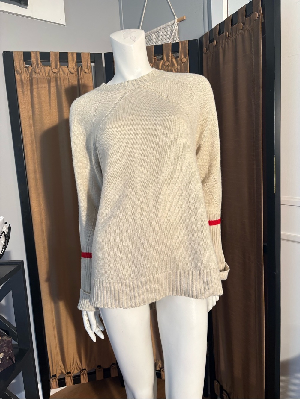 Cream Crewneck Sweater with Red Sleeve Stripe